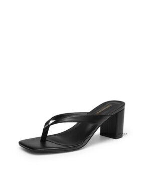 Women's Chunky Low Block Heel Square Toe Thong Sandals Faux Leather